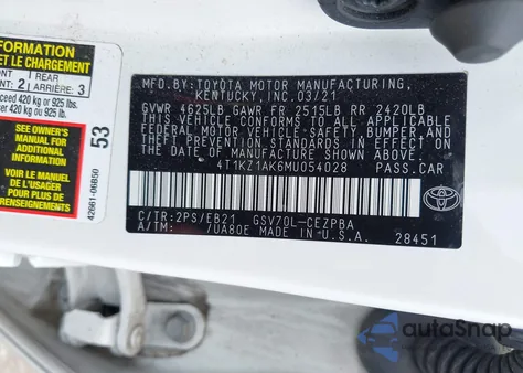 2021 Toyota Camry Trd from USA, damaged, VIN 4T1KZ1AK6MU054028